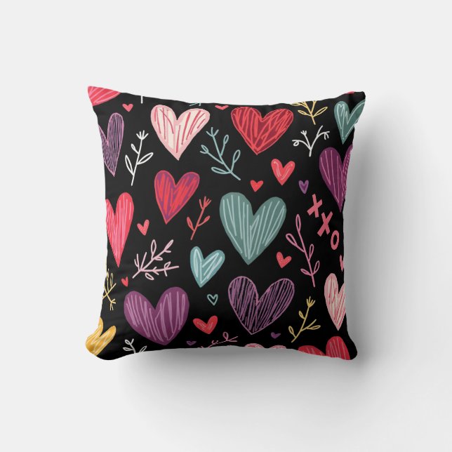 Rich Black Playful Hand-Drawn Hearts Throw Pillow Kudde (Framsida)