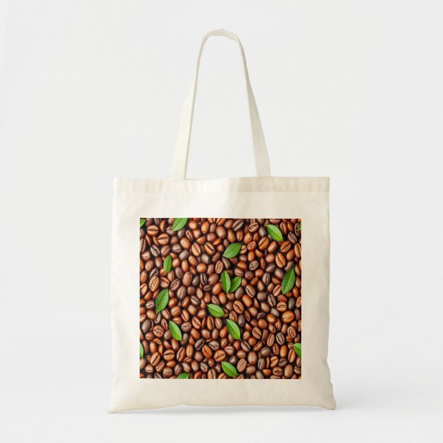Rich Coffee Bean & Green Leaf Pattern Tote Bag - P Tygkasse (Framsidan)
