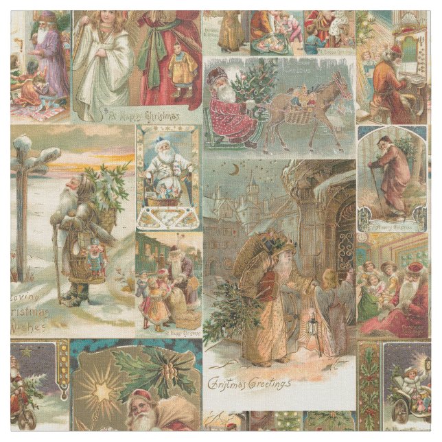 Richly Detailed Vintage Pappa jul Collage Tyg (Närbild)