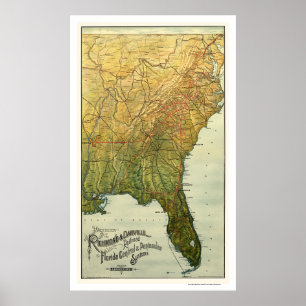 Richmond & Danville järnvägkarta 1893 Poster