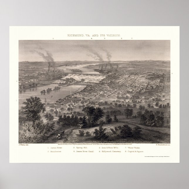Richmond, VA Panoramic Karta - 1863 Poster (Framsidan)