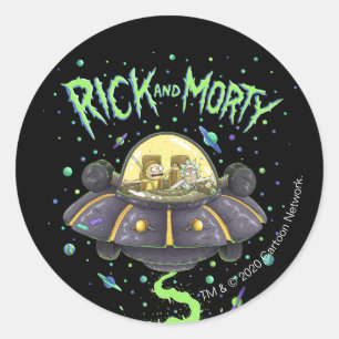 RICK OCH MORTY™ Bild av illustrerad rymdflygnin Runt Klistermärke