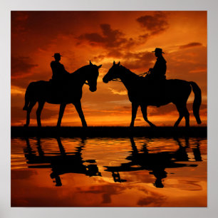 Rida cowboysilhouette för western solnedgång poster