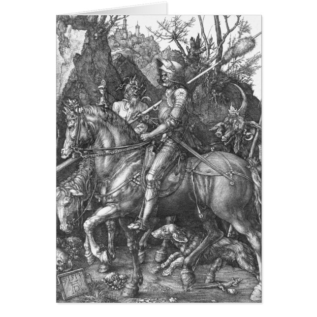 Riddare, död och djävulen, 1513 (gravyr) hälsningskort (Framsidan)
