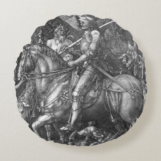 Riddare, död och djävulen, 1513 (gravyr) rund kudde (Framsidan)