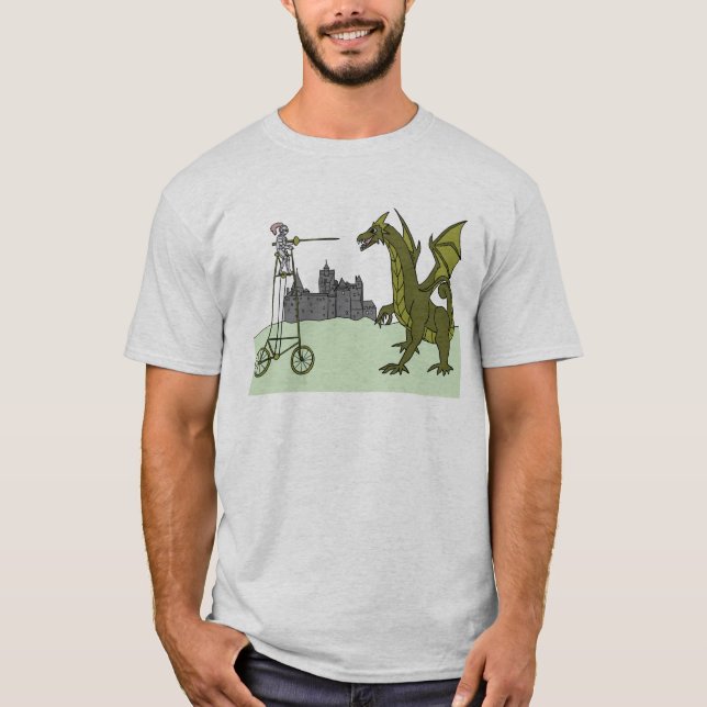 Riddare som rider en högväxt cykel som dräpar en tee shirt (Framsida)