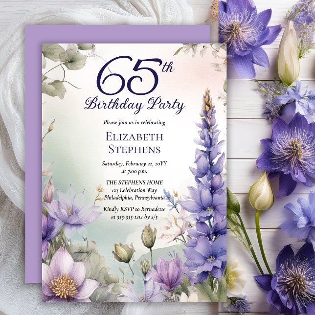 Riddarsporre | Näckros Blommig 65-årsfest Inbjudningar (Elegant Boho Larkspur and Water Lilies Floral 65th Birthday Party Invitation - Print | Digital)
