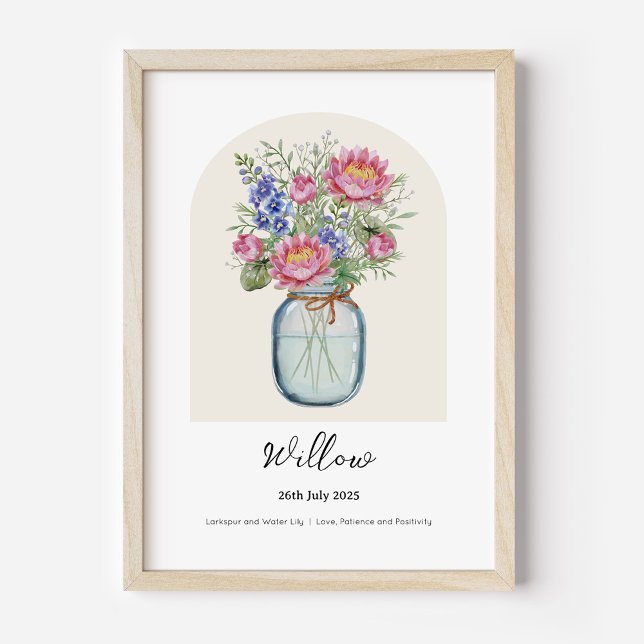 Riddarsporre Näckros Födelsemånad Blomma Affisch (Personalised July Birth Month Flower Bouquet in Vase Poster | Larkspur and Water Lily.)