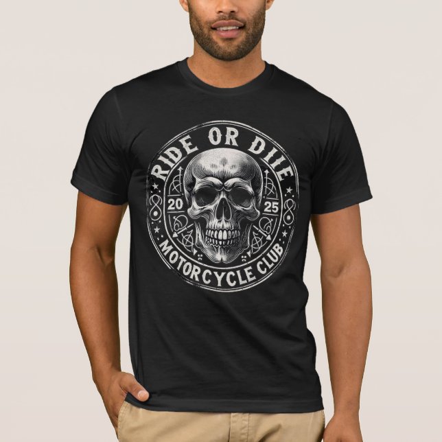 Ride eller Die Motorcycle Klubb Skull Emblem T-Shi T Shirt (Framsida)
