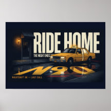 Ride Home Retro Taxi Natt Körning 18x12 Affisch |