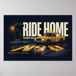 Ride Home Retro Taxi Natt Körning 18x12 Affisch