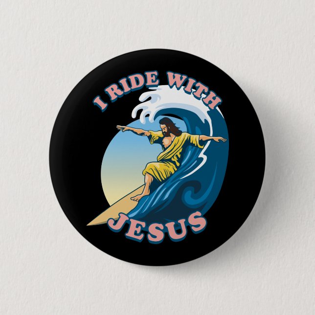 Ride med Jesus | Surfing Jesus Illustration Knapp (Framsida)