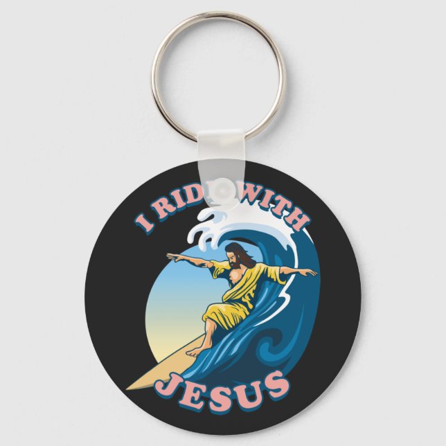 Ride med Jesus | Surfing Jesus Illustration Nyckelring (Framsida)