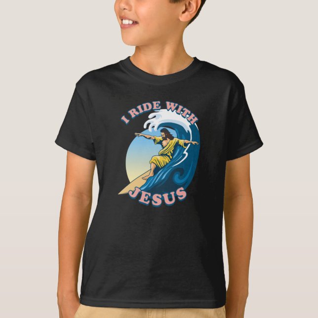 Ride med Jesus | Surfing Jesus Illustration T Shirt (Framsida)
