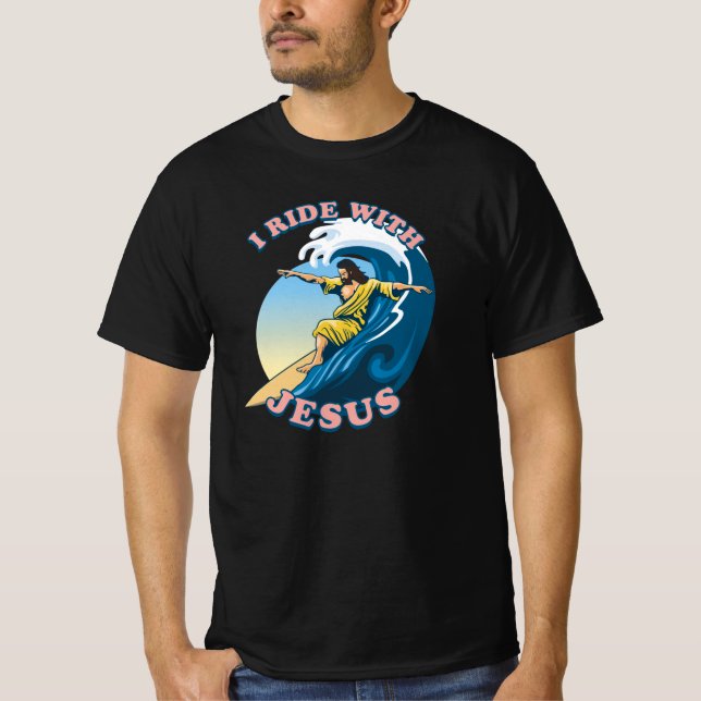 Ride med Jesus | Surfing Jesus Illustration T Shirt (Framsida)