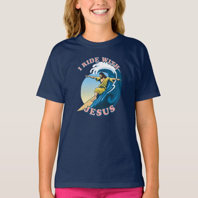 Ride med Jesus | Surfing Jesus Illustration T Shirt (Framsida)