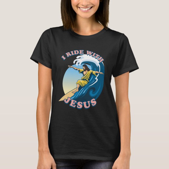 Ride med Jesus | Surfing Jesus Illustration T Shirt (Framsida)