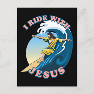 Ride med Jesus Surfing Jesus Illustration Vykort
