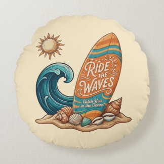 Ride The Waves - Vintage Surfing Round Decorative Rund Kudde