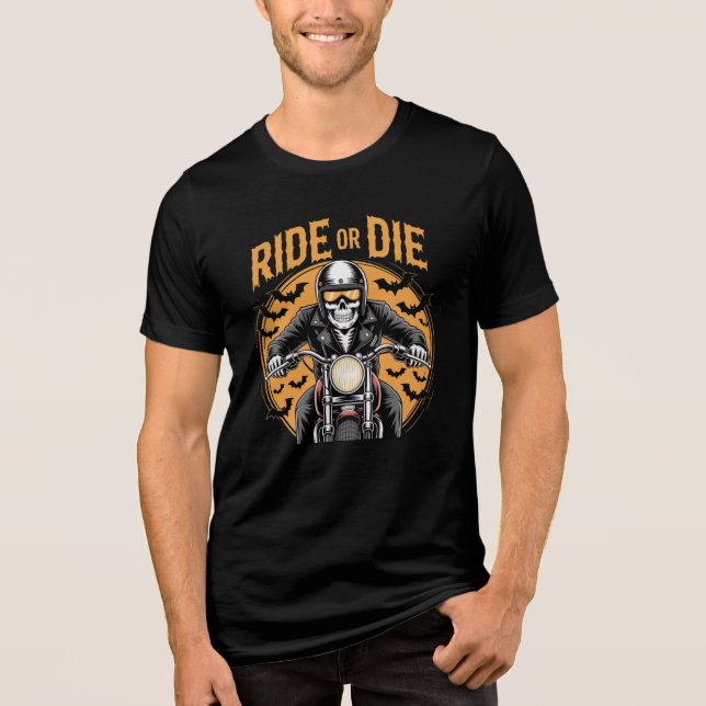 Ride Till I Die - Skeleton Biker Halloween T-Shirt (Framsida)