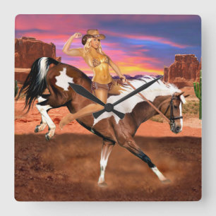 RIDE'M BRONCO COWGIRL FYRKANTIG KLOCKA