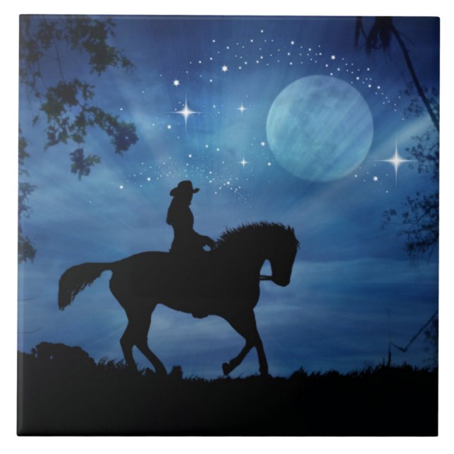 Rider and Horse Full Moon Roligt Horse Tile Kakelplatta (Framsidan)