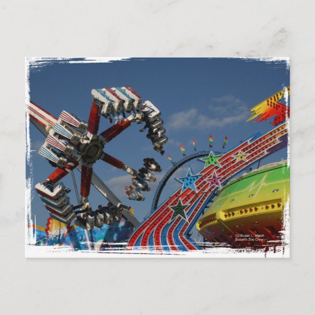 Rider på en fylkemässa mot blå himmel vykort (Framsida)