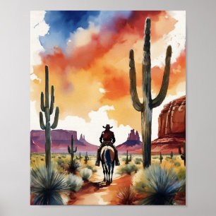 Rider vid Dusk Cowboys Westerna vattenfärg Poster