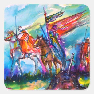 RIDERS IN THE STORM Medieval Knight Horseback Fyrkantigt Klistermärke