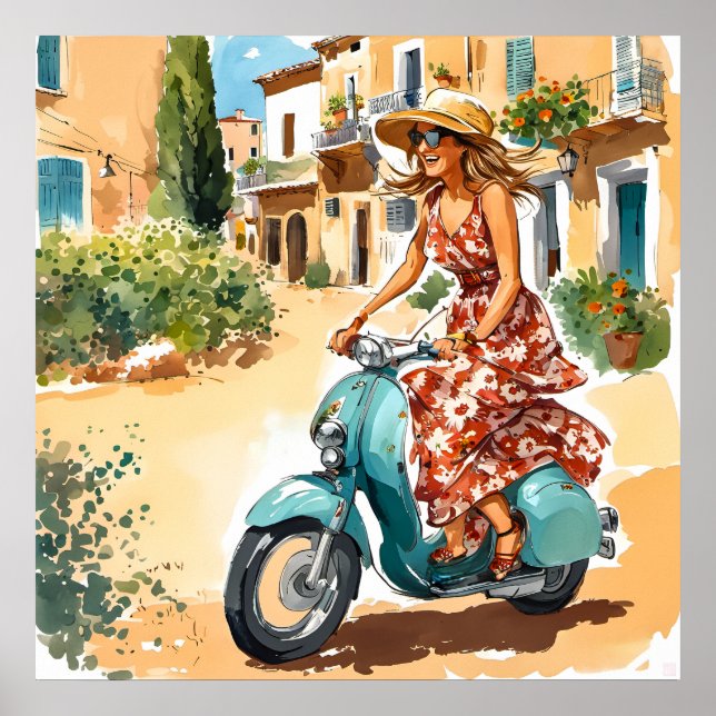 Riding a scooter in Sardinia Print Poster (Framsidan)