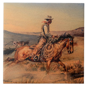 “Riding Herd” västerländsk konst av Edward Borein Kakelplatta