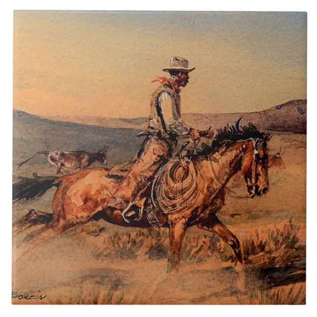 “Riding Herd” västerländsk konst av Edward Borein Kakelplatta (Framsidan)