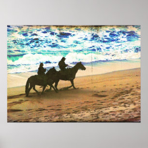 Riding Horses vid stranden Poster