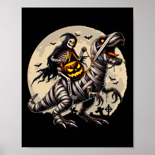 Riding Mummy Dinosaur T Rex Pumpkin Funny Hallowee Poster
