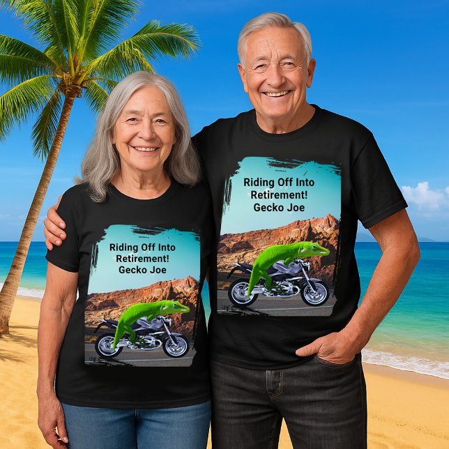 Riding off into Pension Anpassningsbar Gecko Motor T Shirt (Riding Off into Retirement Custom Gecko Motorcycle T-Shirt)