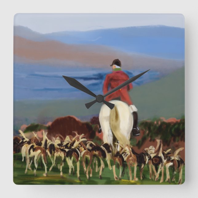 Riding to the Hounds Wall Clock  Fyrkantig Klocka (Framsida)