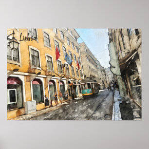 Riding Tram in Lisbon Portugal Postcard Poster