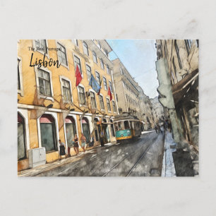 Riding Tram in Lisbon Portugal Postcard Vykort
