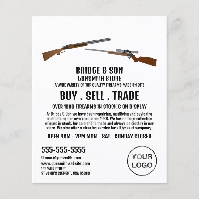 Rifle & Pistol, Gunsmith, Gunstore Advertising Flygblad (Framsidan)