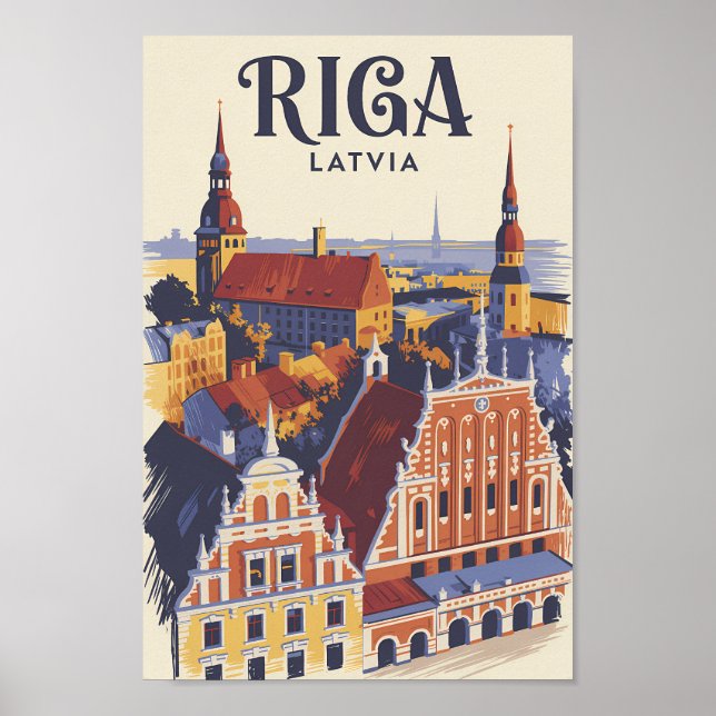 Riga Latvia Illustration Travel Art Vintage Poster (Framsidan)