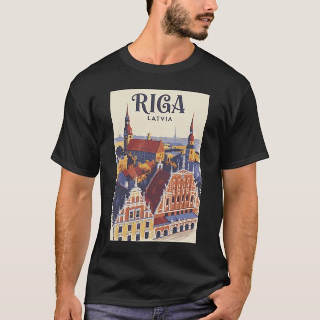 Riga Latvia Illustration Travel Art Vintage T Shirt (Framsida)