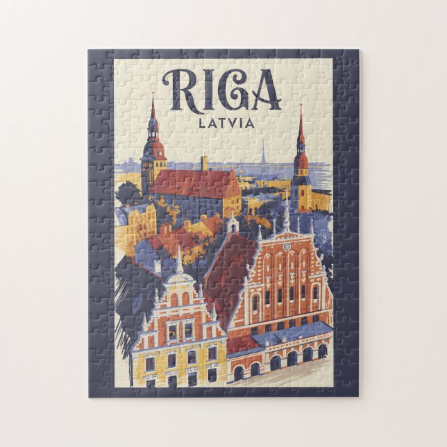Riga Lettland Illustration Resa Konst Vintage Pussel (Vertikal)