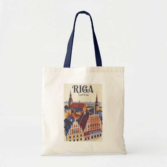 Riga Lettland Illustration Resa Konst Vintage Tygkasse (Framsidan)