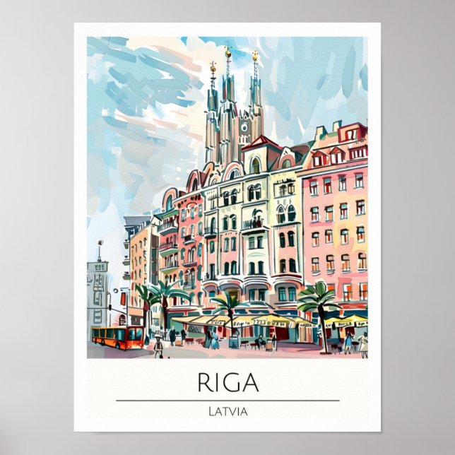 Riga Lettland Vintage Konst Illustration Resa Poster (Framsidan)