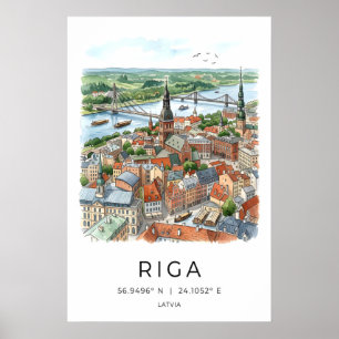 Riga Siluett Konsttryck Vattenfärg Stadsmiljö (Gam Poster