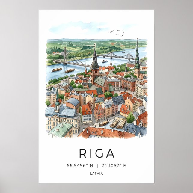 Riga Siluett Konsttryck Vattenfärg Stadsmiljö (Gam Poster (Framsidan)