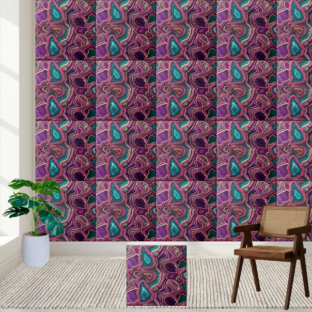 Rik Amethyst Lila Teal Guld Veining Geode Tile Kakelplatta (Rich Amethyst Purple Teal Gold Veining Geode Tile)