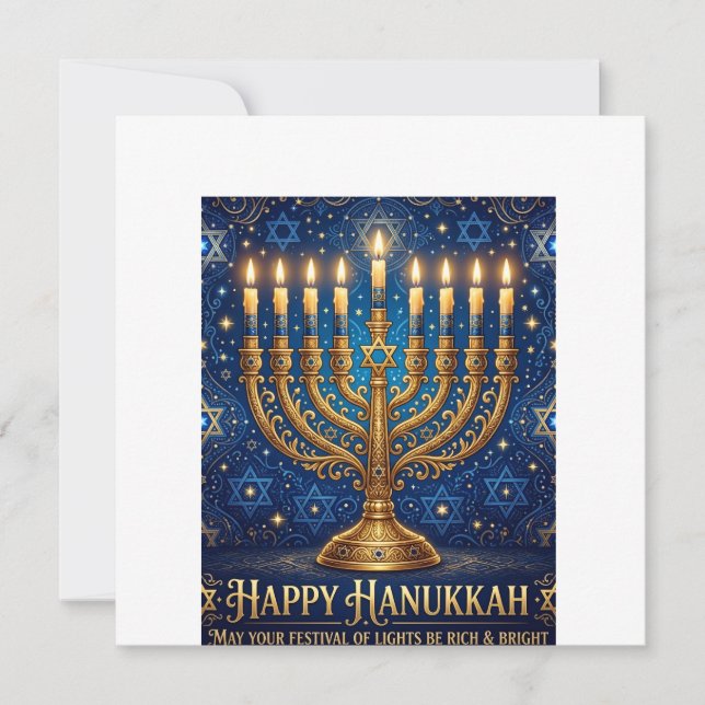 Rik Blå & Guld Juvelbesatt Hanukkah Inbjudningar (Framsida)