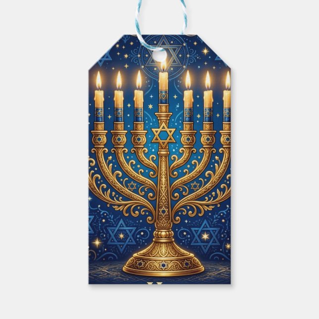 Rik Blå & Guld Juvelbesatt Hanukkah Presentetikett (Framsidan)