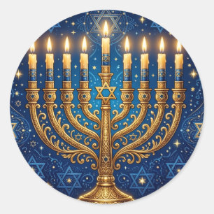 Rik Blå & Guld Juvelbesatt Hanukkah Runt Klistermärke